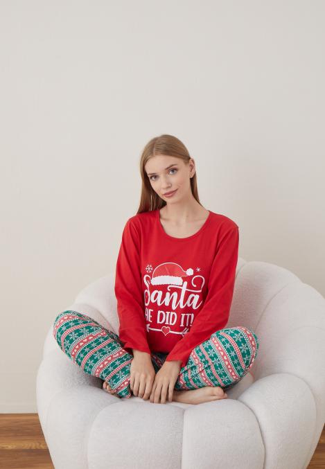 Pijama Dama Craciun " SANTA HE DID IT" ,maneca lunga ,pantaloni lungi,Engros